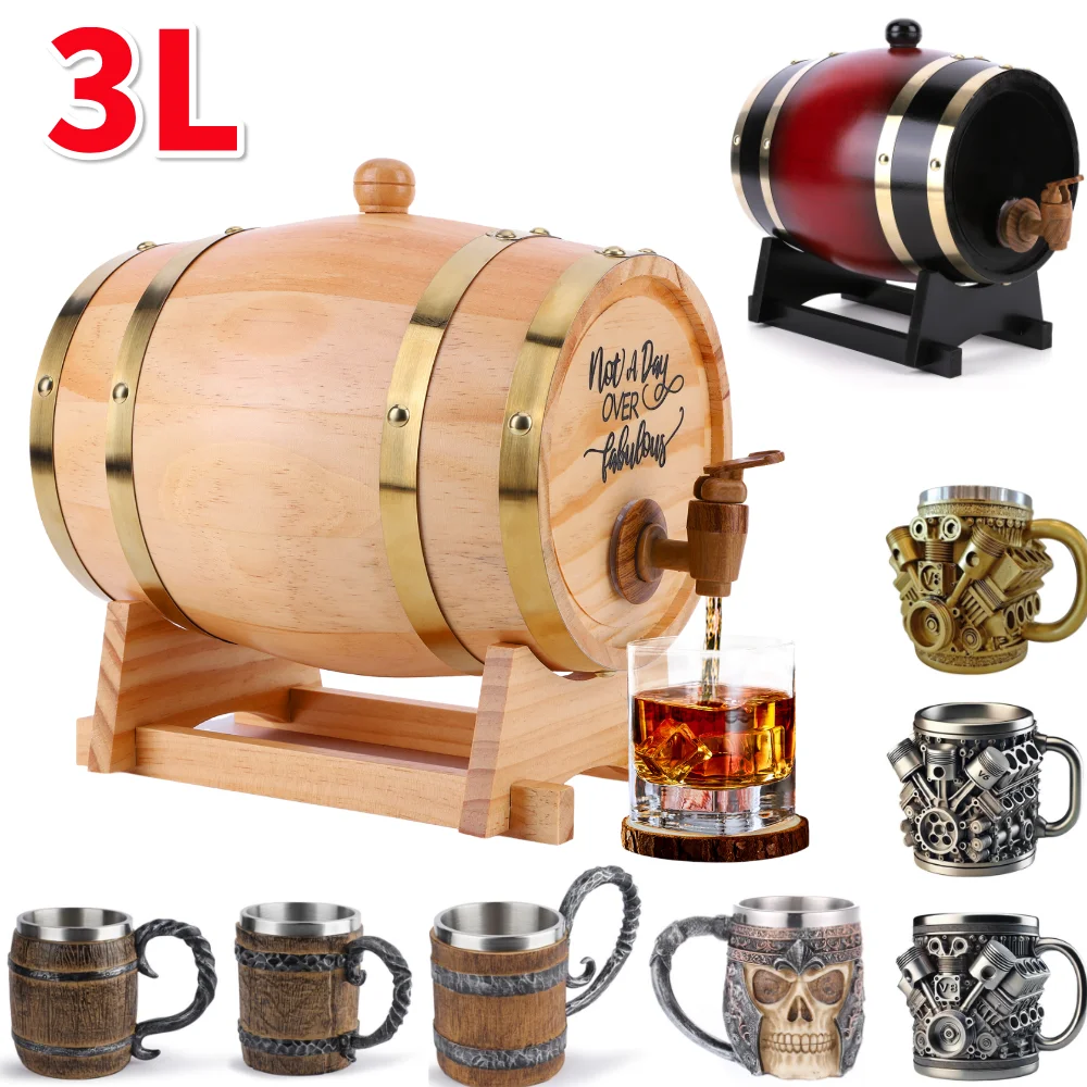 Wine Whiskey Beer - 3L Wooden Whiskey Barrel with Stand